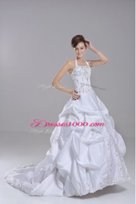 Inexpensive White Taffeta Lace Up Halter Top Sleeveless Wedding Dress Brush Train Beading and Embroidery and Pick Ups