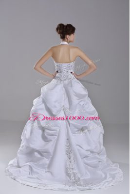 Inexpensive White Taffeta Lace Up Halter Top Sleeveless Wedding Dress Brush Train Beading and Embroidery and Pick Ups