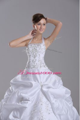 Inexpensive White Taffeta Lace Up Halter Top Sleeveless Wedding Dress Brush Train Beading and Embroidery and Pick Ups