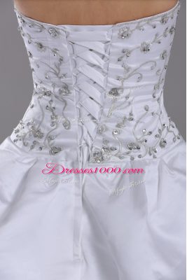 Inexpensive White Taffeta Lace Up Halter Top Sleeveless Wedding Dress Brush Train Beading and Embroidery and Pick Ups