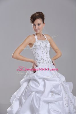 Inexpensive White Taffeta Lace Up Halter Top Sleeveless Wedding Dress Brush Train Beading and Embroidery and Pick Ups