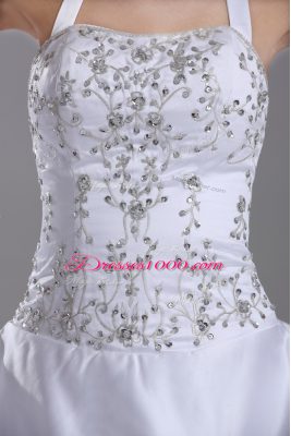 Inexpensive White Taffeta Lace Up Halter Top Sleeveless Wedding Dress Brush Train Beading and Embroidery and Pick Ups