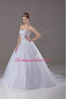 Unique White Ball Gowns Strapless Sleeveless Brush Train Zipper Beading Wedding Gown