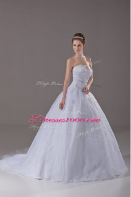 Unique White Ball Gowns Strapless Sleeveless Brush Train Zipper Beading Wedding Gown