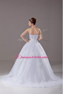 Unique White Ball Gowns Strapless Sleeveless Brush Train Zipper Beading Wedding Gown