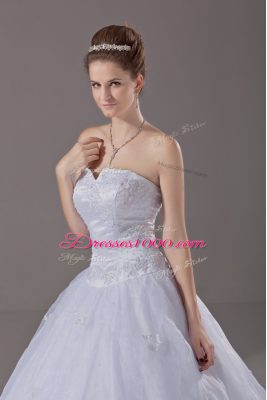 Unique White Ball Gowns Strapless Sleeveless Brush Train Zipper Beading Wedding Gown