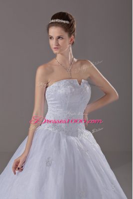 Unique White Ball Gowns Strapless Sleeveless Brush Train Zipper Beading Wedding Gown