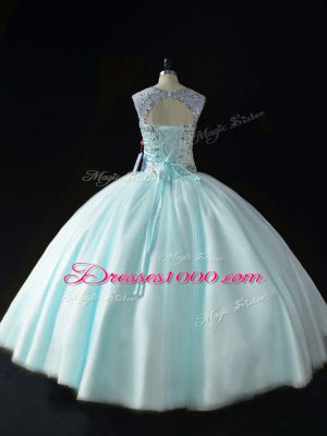 Stunning Sleeveless Floor Length Beading Lace Up Quince Ball Gowns with Apple Green