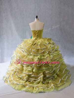 Sweetheart Sleeveless Quinceanera Dress Brush Train Appliques and Ruffles Olive Green Tulle