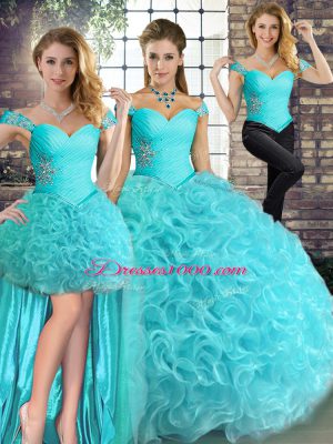 Aqua Blue Quinceanera Gowns Military Ball and Sweet 16 and Quinceanera with Beading Off The Shoulder Sleeveless Lace Up