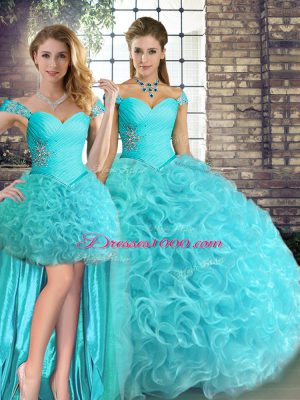 Aqua Blue Quinceanera Gowns Military Ball and Sweet 16 and Quinceanera with Beading Off The Shoulder Sleeveless Lace Up