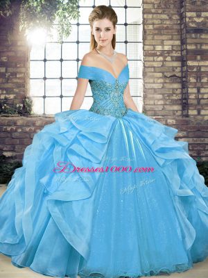 Baby Blue Sleeveless Floor Length Beading and Ruffles Lace Up Sweet 16 Quinceanera Dress