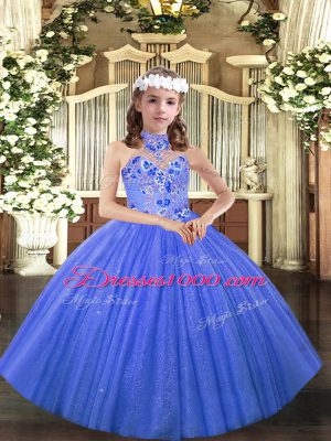Charming Halter Top Sleeveless Little Girls Pageant Gowns Floor Length Appliques Blue Tulle