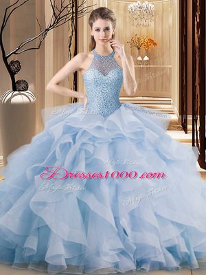 Luxurious Brush Train Ball Gowns 15 Quinceanera Dress Blue Halter Top Organza Sleeveless Lace Up