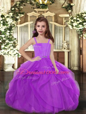 Purple Ball Gowns Straps Sleeveless Tulle Floor Length Lace Up Ruffles Little Girls Pageant Dress Wholesale