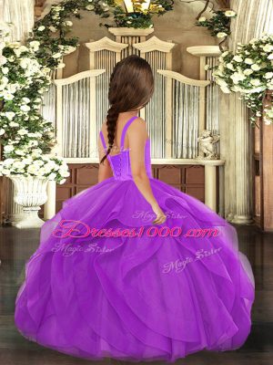 Purple Ball Gowns Straps Sleeveless Tulle Floor Length Lace Up Ruffles Little Girls Pageant Dress Wholesale