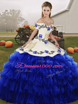 Royal Blue Ball Gowns Embroidery and Ruffled Layers 15th Birthday Dress Lace Up Organza Sleeveless Floor Length