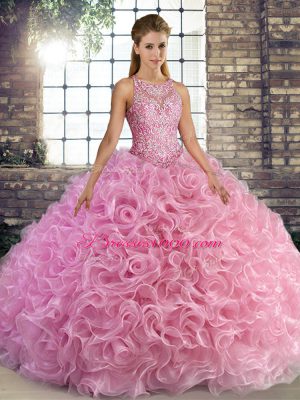 Fancy Fabric With Rolling Flowers Sleeveless Floor Length Quince Ball Gowns and Beading