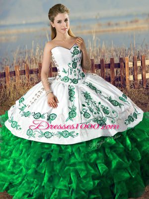 Dark Green Satin and Organza Lace Up Sweetheart Sweet 16 Quinceanera Dress Embroidery and Ruffles