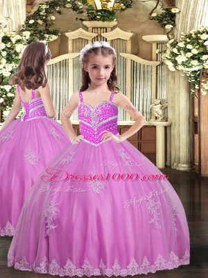 Perfect Tulle Straps Sleeveless Lace Up Appliques Little Girls Pageant Gowns in Lilac