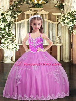 Perfect Tulle Straps Sleeveless Lace Up Appliques Little Girls Pageant Gowns in Lilac