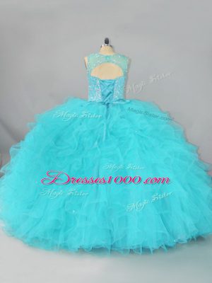 Custom Fit Aqua Blue Lace Up Quinceanera Gown Beading and Ruffles Sleeveless Floor Length