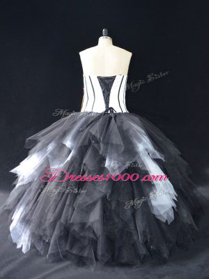 Sexy Lace and Ruffles Vestidos de Quinceanera White And Black Lace Up Sleeveless Floor Length