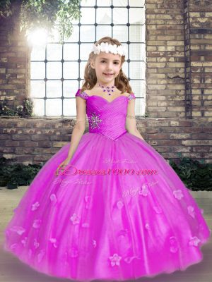 Best Fuchsia Child Pageant Dress For with Beading and Hand Made Flower Straps Sleeveless Lace Up