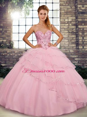 High Quality Beading and Ruffled Layers Quince Ball Gowns Baby Pink Lace Up Sleeveless Brush Train
