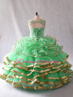 Suitable Green Scoop Lace Up Beading and Ruffles Quinceanera Gown Sleeveless