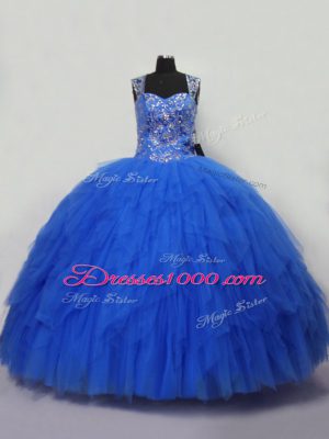 Blue Tulle Lace Up Ball Gown Prom Dress Sleeveless Floor Length Beading and Ruffles
