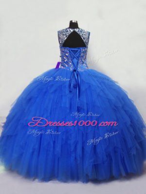 Blue Tulle Lace Up Ball Gown Prom Dress Sleeveless Floor Length Beading and Ruffles