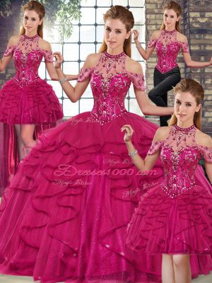Fuchsia Sweet 16 Dresses Military Ball and Sweet 16 and Quinceanera with Beading and Ruffles Halter Top Sleeveless Lace Up