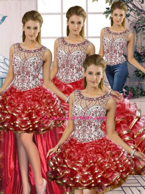 Organza Scoop Sleeveless Lace Up Beading and Ruffles Quinceanera Gown in Red