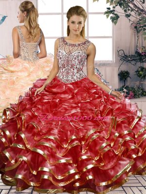 Organza Scoop Sleeveless Lace Up Beading and Ruffles Quinceanera Gown in Red