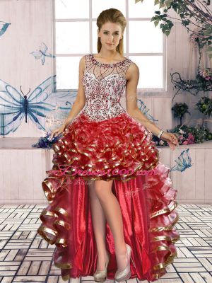 Organza Scoop Sleeveless Lace Up Beading and Ruffles Quinceanera Gown in Red