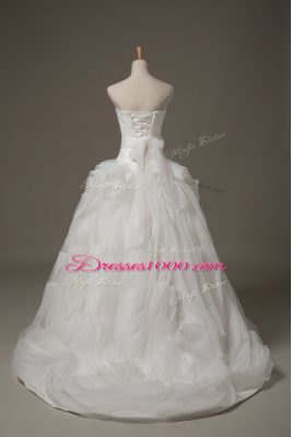 Graceful Sleeveless Belt Lace Up Wedding Gown with White Brush Train