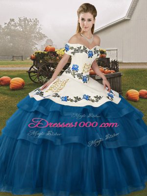Charming Blue Tulle Lace Up Off The Shoulder Sleeveless Quinceanera Dresses Brush Train Embroidery and Ruffled Layers