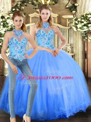 Fine Ball Gowns Quinceanera Gowns Blue Halter Top Tulle Sleeveless Floor Length Lace Up