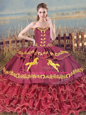 Latest Burgundy Ball Gowns Satin and Organza Sweetheart Sleeveless Embroidery and Ruffled Layers Lace Up Quinceanera Gowns Brush Train