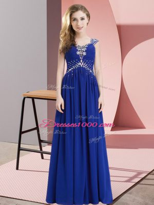 Modest Royal Blue Sleeveless Floor Length Beading Lace Up Homecoming Dress