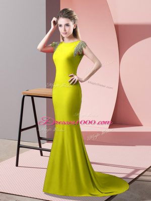 Gorgeous Yellow Green High-neck Neckline Beading Prom Dresses Short Sleeves Backless