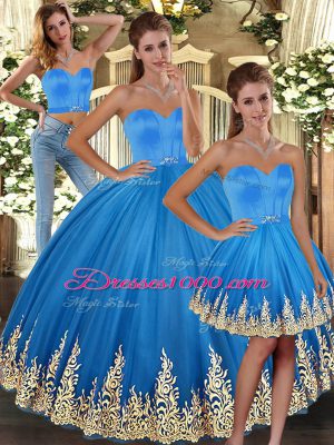 Suitable Baby Blue Three Pieces Embroidery Vestidos de Quinceanera Lace Up Tulle Sleeveless Floor Length