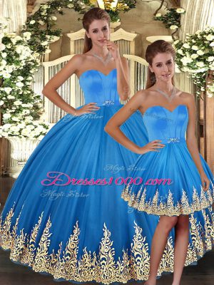 Suitable Baby Blue Three Pieces Embroidery Vestidos de Quinceanera Lace Up Tulle Sleeveless Floor Length