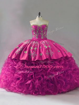 Stylish Fuchsia Ball Gowns Fabric With Rolling Flowers Sweetheart Sleeveless Embroidery and Ruffles Floor Length Lace Up Quinceanera Dresses