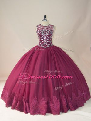 Tulle Long Sleeves Floor Length 15th Birthday Dress and Beading and Appliques