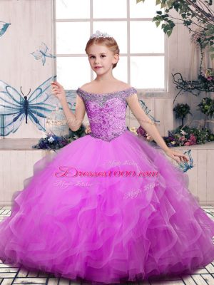 Floor Length Lace Up Juniors Party Dress Lilac for Party and Sweet 16 and Wedding Party with Beading and Ruffles