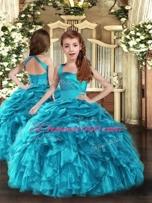 Lovely Baby Blue Ball Gowns Organza Straps Sleeveless Ruffles and Ruching Floor Length Lace Up Little Girl Pageant Dress