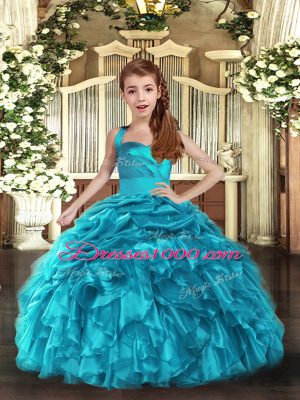 Lovely Baby Blue Ball Gowns Organza Straps Sleeveless Ruffles and Ruching Floor Length Lace Up Little Girl Pageant Dress