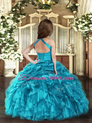 Lovely Baby Blue Ball Gowns Organza Straps Sleeveless Ruffles and Ruching Floor Length Lace Up Little Girl Pageant Dress